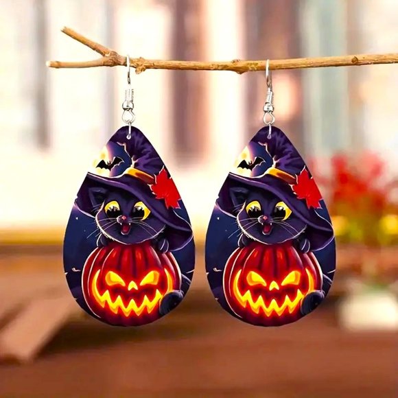 Halloween Earrings Dangle Black Cat Jack O Lantern Pumpkin Party Costume Fun - Picture 1 of 3